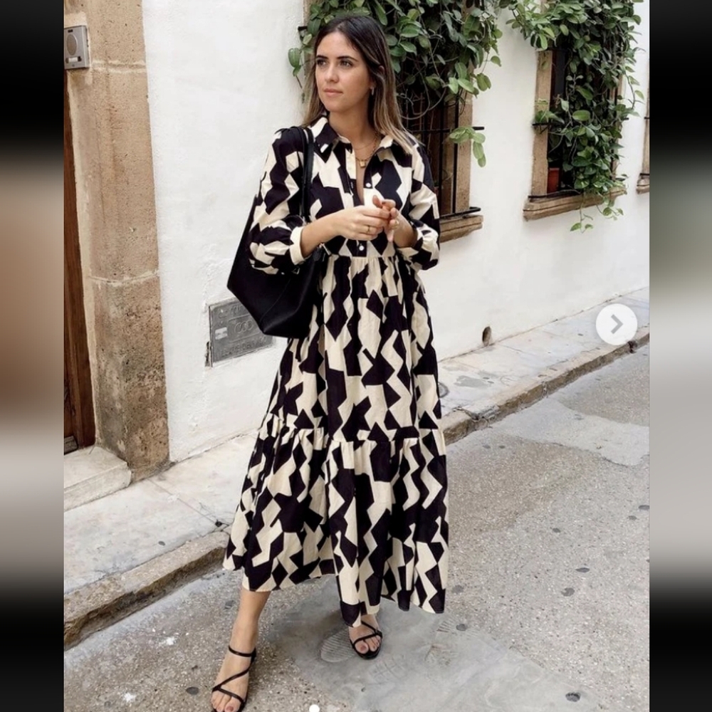 Zara Blogger Favorite Balck & White Geometric Maxi Dress Small Long Sleeves